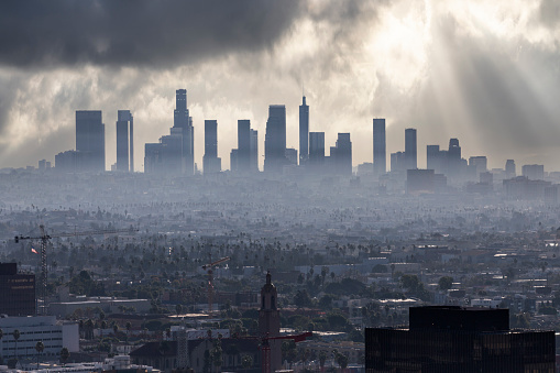 Cloudy morning skyline view of downtown Los Angeles in Southern California.