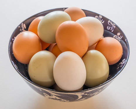 A bowl of hens eggs, of various colors