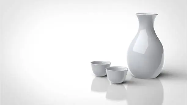 sake bottle and cups right 3d rendering