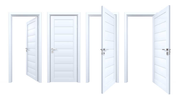istock Set of modern, solid wood, single, 3D realistic entrances. Front view of closed and open inside, outside doors with white wooden, laminated plastic planks 1291860506