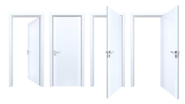 istock Set of classic style solid wood doors closed and open outside, inside of house room. Simple modern white wooden doorways for home interior design 1291860507