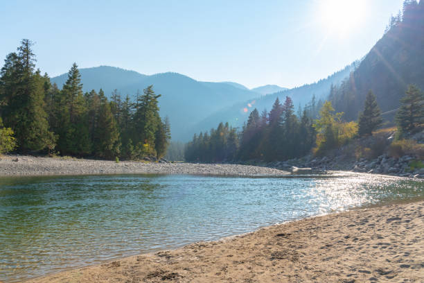 vue de la plage de sable et de la rivière similkameen un jour ensoleillé au parc provincial bromley rock - similkameen river photos et images de collection