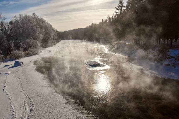 Freezing Gauja river in early winter morning near Ramkalni