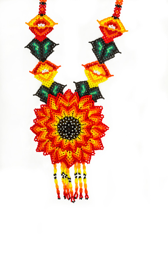 Huichol necklace of orange hippie style chaquira,