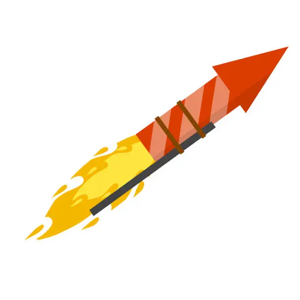 Vector illustration of Rocket for fireworks. Firecracker and explosion. Cartoon flat illustration. Flying red object. Celebration and entertainment