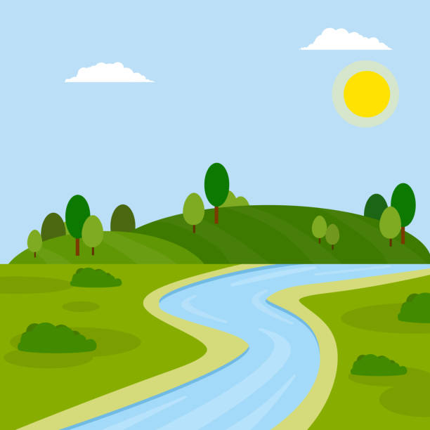 緑の谷の川。フィールド、緑の丘、森と池。 - landscape hill green grass点のイラスト素材／クリップアート素材／マンガ素材／アイコン素材