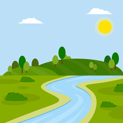 River in green valley. Field, green hill, forest and pond. Blue water. A place for outdoor activity and tourism. Natural landscape. The flow of the stream. Summer season. Cartoon flat illustration