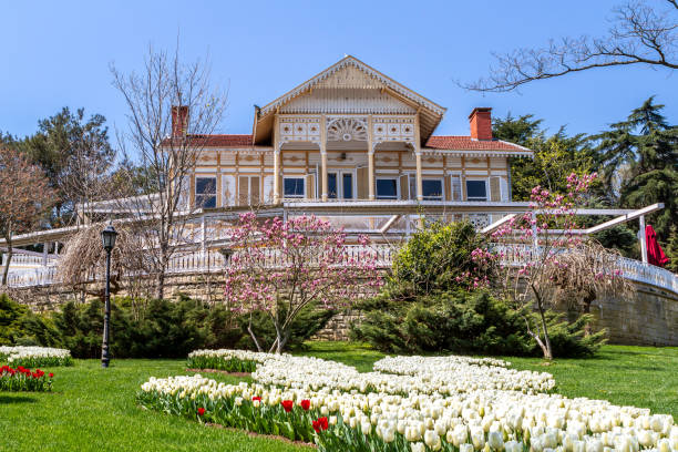 Istanbul, Turkey - 04.11.2015: Yellow Mansion in Emirgan Park. The mansion is used as a cafeteria and as a restaurant of Turkish-Ottoman cuisine.