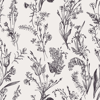 Seamless botanical pattern with garden and wild flowers. Vector illustration. Floral background. Black and white.