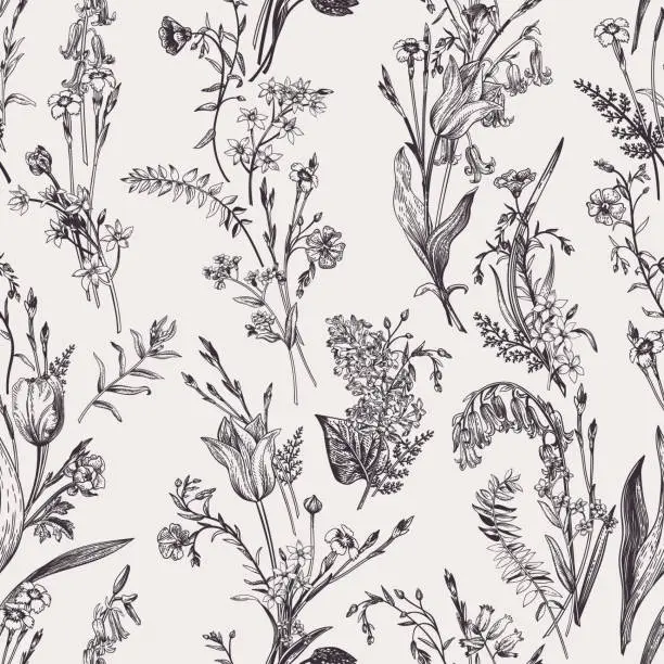 Vector illustration of Seamless botanical pattern. Black and white.