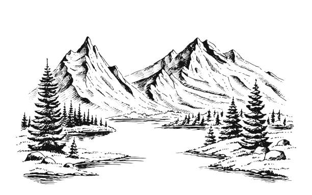 最初のビューに山と森を持つ手描きのベクトル自然のイラスト。旅行や自然の背景やカードの使用 - 山点のイラスト素材／クリップアート素材／マンガ素材／アイコン素材