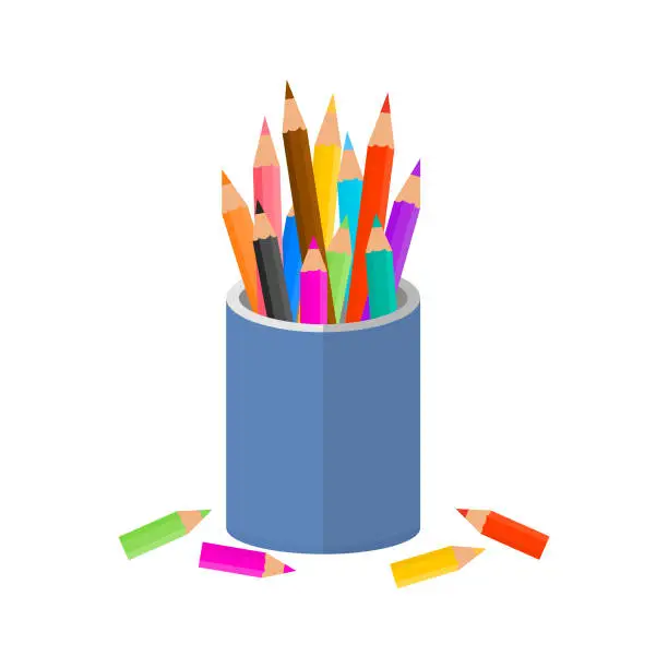 Vector illustration of Color pencils with glass isolate on white background.