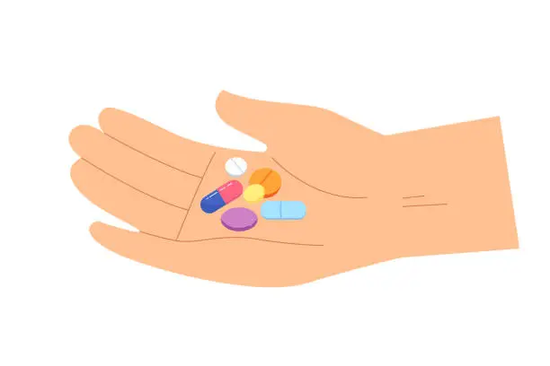 Vector illustration of Hand holding a lot of medicines. Health care illustration.