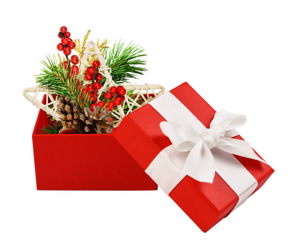 istock Opened red gift box with Christmas decorations isolated on white 1291883023