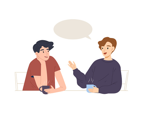 Concept of idea discussing at workplace or office, relax time, talking a break, consultation. Flat vector illustration.