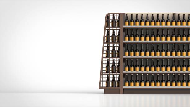 istock store shelf brown and beer bottles front right closeup 3d rendering 1291886763