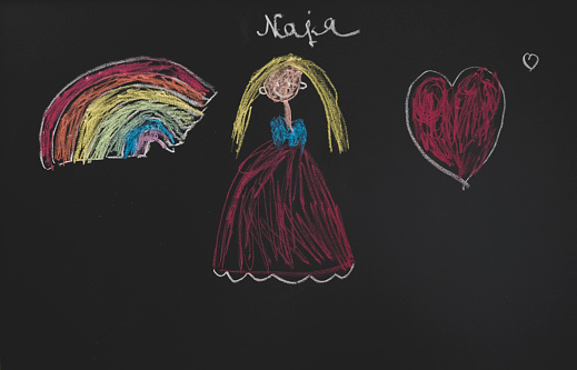 Chalk drawing on blackboard ,rainbow, heart, girl