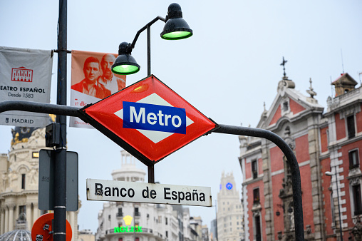 Madrid, Spain; 12-16-2020: Sing indicating the metro station of “Banco de España”  station illuminated by a small green lantern