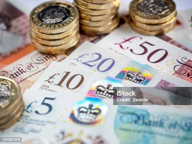British Pound Notes And Coins Stock Photo - Download Image Now - British Currency, Pound Symbol, Currency
