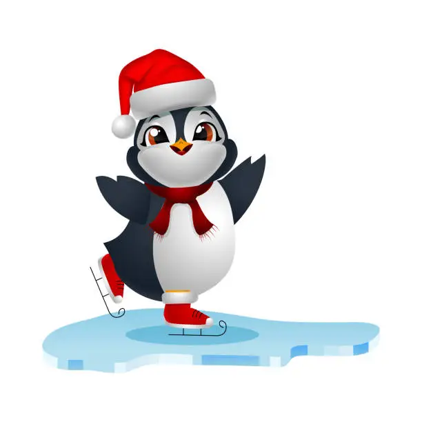 Vector illustration of Cute penguin cartoon ice skates on skating