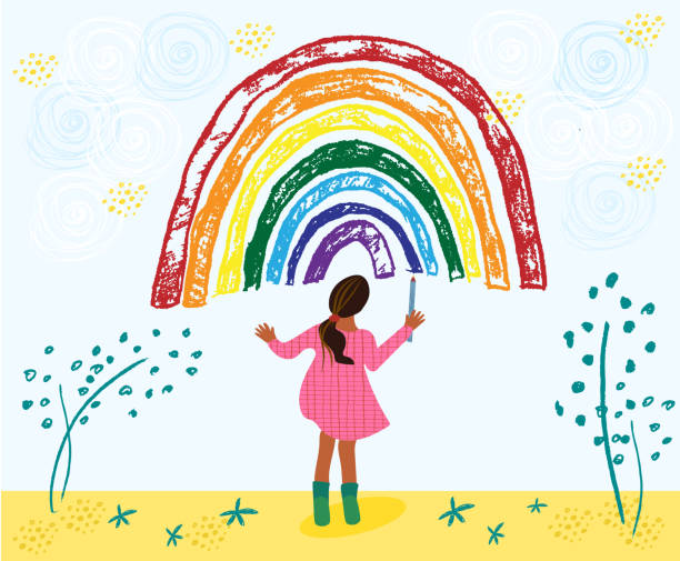 illustrazioni stock, clip art, cartoni animati e icone di tendenza di la piccola bambina afroamericana sta disegnando arcobaleno. ragazzo che dipinge arcobaleno sul cielo. illustrazione vettoriale disegnata a mano - paintings child house childhood