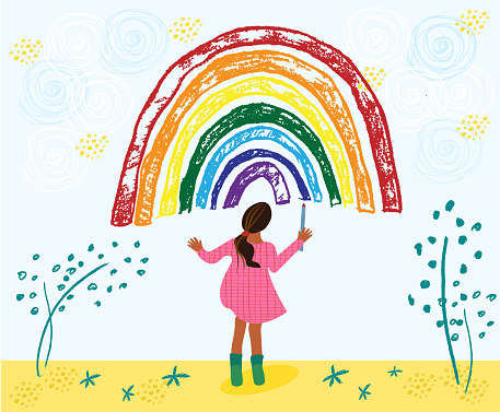 Little african american toddler girl is drawing rainbow. Kid painting rainbow on the sky. Hand drawn vector cartoon illustration