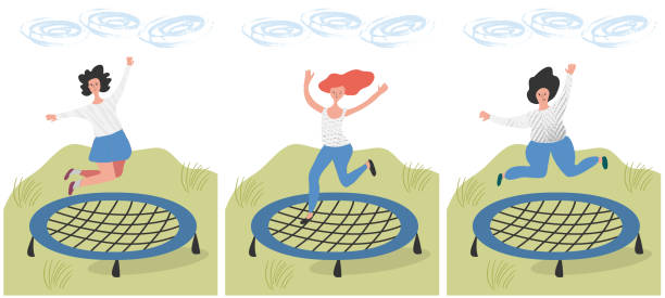 ilustrações, clipart, desenhos animados e ícones de um grupo de amigos ativos pulando e saltando em um trampolim. pulando fitness ou conceito de treino de trampolim. garotas pulam do lado de fora no quintal - women jumping bouncing spring