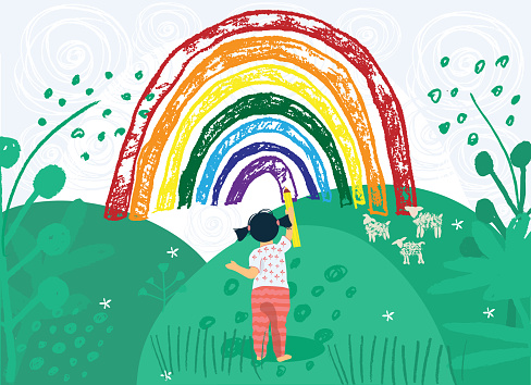 let's all be well. Cute little toddler girl with pencil painting and drawings a rainbow on the sky.  The Rainbow as a symbol of hope. Flat vector illustration in cartoon style
