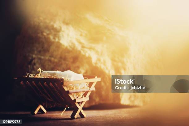 Wooden Manger And Star Of Bethlehem In Cave Nativity Scene Background Christian Christmas Concept Birth Of Jesus Christ Jesus Is Reason For Season Salvation Messiah Emmanuel God With Us Hope Stock Photo - Download Image Now