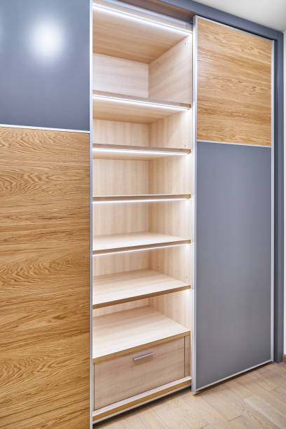 istock Wardrobe with LED lighting, sliding doors and inner case of light laminated particle boards 1291893638