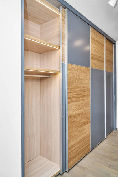 istock Wardrobe with LED lighting, sliding doors and inner case of light laminated particle boards 1291893954