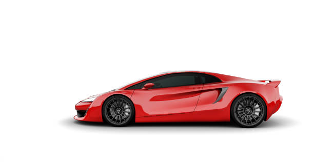 vista lateral sportscar vermelho isolado em branco - futuristic car color image mode of transport - fotografias e filmes do acervo