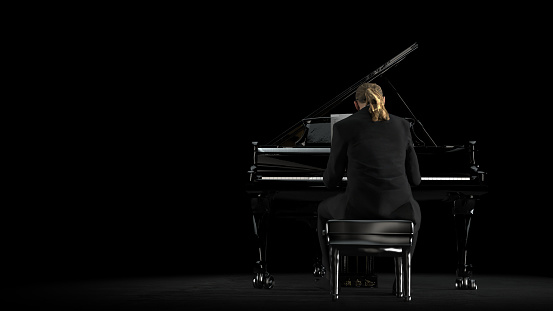 Pianist playing grand black piano on stage with spot light, view from back 3d rendering