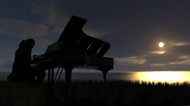 istock Single pianist playing piano under great secene with sunset and sea 3d rendering 1291895867