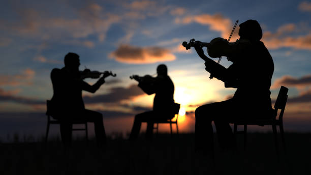 trío de violinistas sentados en la silla e interpretando música al aire libre con gran vista y representación en 3d en el mar - pianist grand piano piano playing fotografías e imágenes de stock