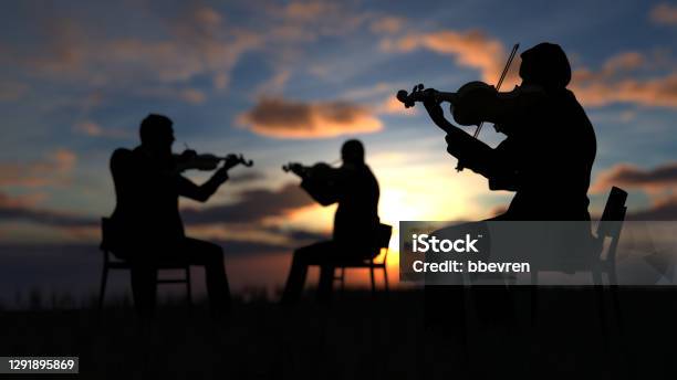 Trio Of Violin Players Sitting On Chair And Performing Music Outdoor With Great View And Sea 3d Rendering Stock Photo - Download Image Now