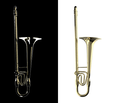 Side angle view of brass trombone with black and white variations 3d rendering