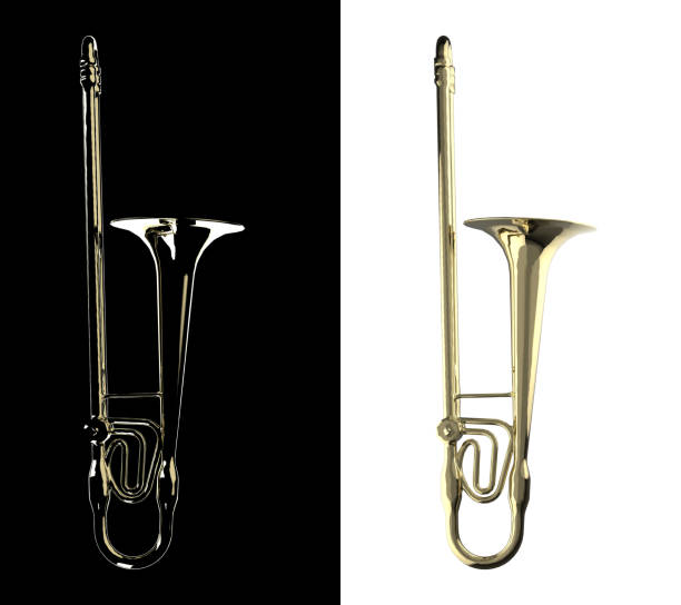 widok z boku puzonu mosiężnego z czarno-białymi wariantami renderowania 3d - trumpet jazz bugle brass instrument zdjęcia i obrazy z banku zdjęć