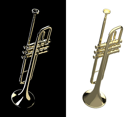 Back view of brass D trumpet with black and white variations 3d rendering