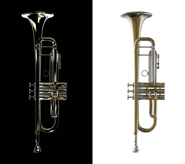 istock Side angle view of brass trumpet with black and white variations 3d rendering 1291895895