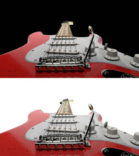 Red and white electric guitar viewing angle from bridge saddle black and white background 3d rendering