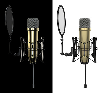 Professional music recording micrphone view from side angle with black and white variations 3d rendering