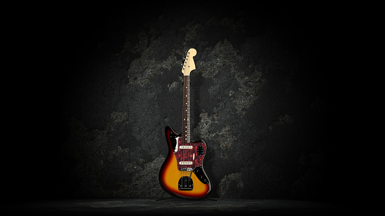Black brown electro guitar on dark background under spotlight front view 3d rendering