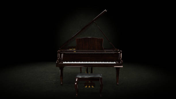 istock Brown wood colored grand piano under spotlight waiting for pianist  front view 3d rendering 1291895964