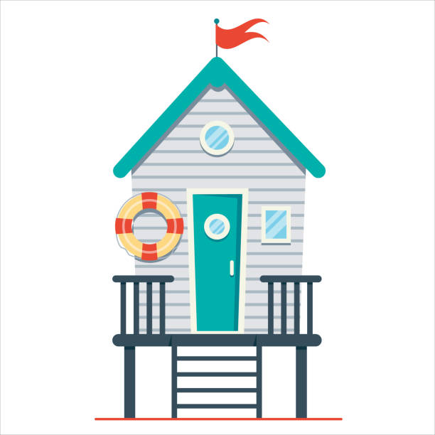 Beach house. Hut on the coast. Vector flat illustration. Beach house. Hut on the coast. Vector flat illustration isolated on white background. beach hut stock illustrations