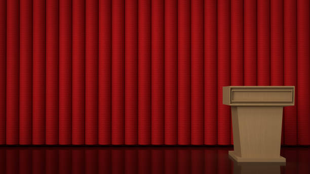 istock The wood podium and  red curtain  for background 3d rendering. 1291898490