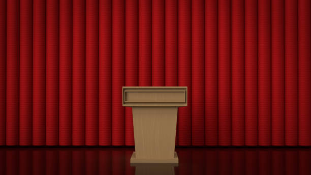 istock The wood podium and  red curtain  for background 3d rendering. 1291898512