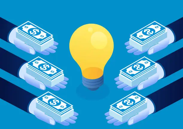 Vector illustration of Multiple hands holding money to compete to buy a bright light bulb, the value of creativity