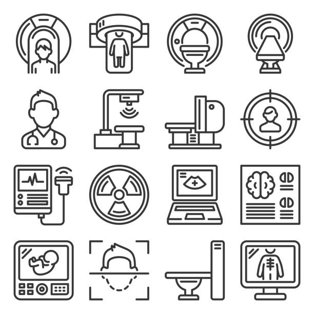 Medical Research Devices. CT Scan, MRI and X-ray Icons Set. Vector Medical Research Devices. CT Scan, MRI and X-ray Icons Set. Vector illustration x ray image stock illustrations