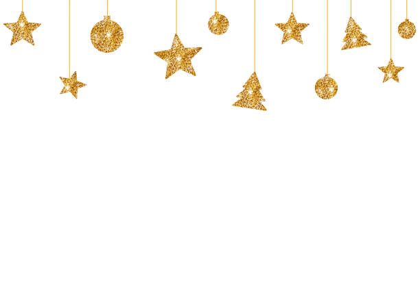 ilustrações de stock, clip art, desenhos animados e ícones de christmas glitter golden decoration, star, ball, tree hanging from top isolated  on white or transparent  background, space for text, sale banner template , new year, birthdays,  luxury card, vector - holiday christmas decoration christmas ornament hanging